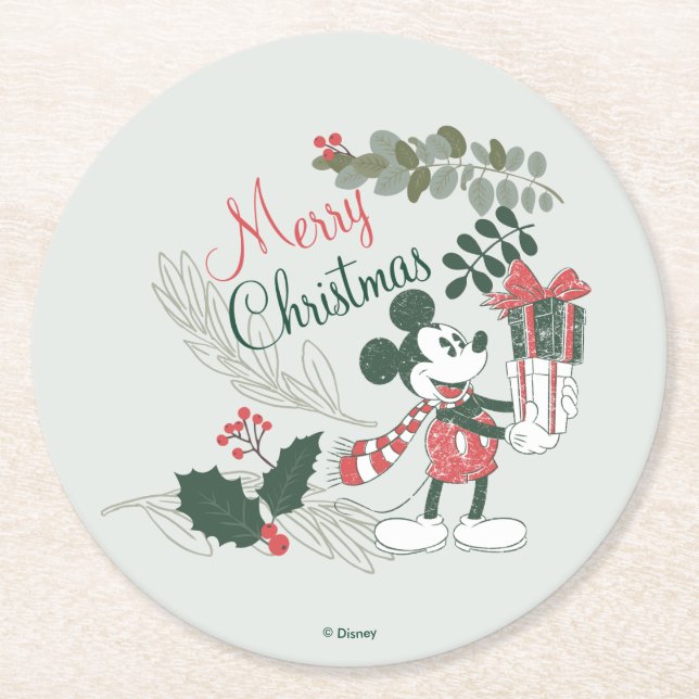 Yuletide Joy | Merry Christmas Mickey Round Paper Coaster (Front)