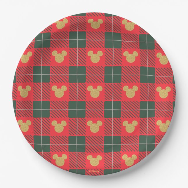Yuletide Joy | Mickey Christmas Plaid Pattern Paper Plate (Front)