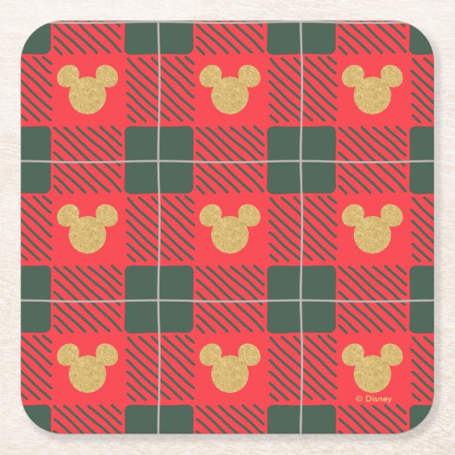 Yuletide Joy | Mickey Christmas Plaid Pattern Square Paper Coaster (Front)