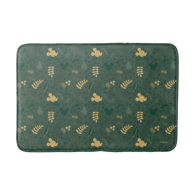 Yuletide Joy | Mickey Green & Gold Holiday Pattern Bath Mat (Front)