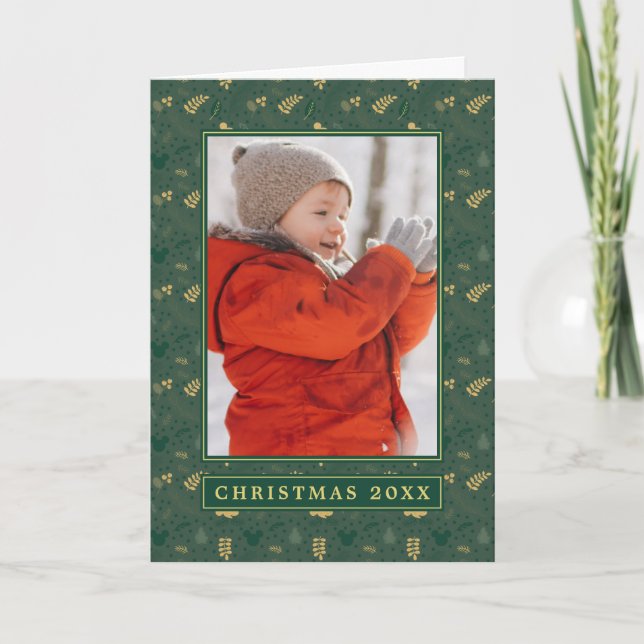 Yuletide Joy | Mickey Green & Gold Holiday Pattern Card (Front)