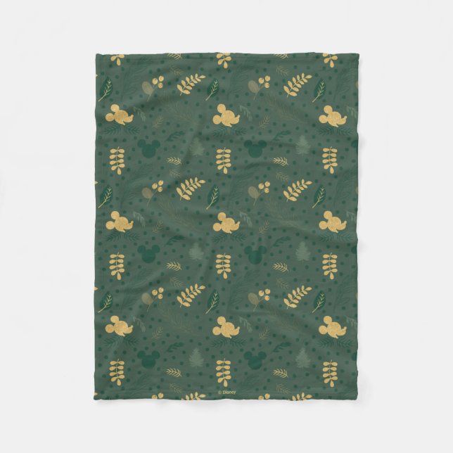 Yuletide Joy | Mickey Green & Gold Holiday Pattern Fleece Blanket (Front)