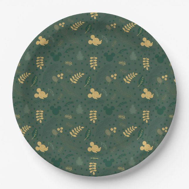 Yuletide Joy | Mickey Green & Gold Holiday Pattern Paper Plate (Front)
