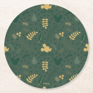 Yuletide Joy   Mickey Green & Gold Holiday Pattern Round Paper Coaster