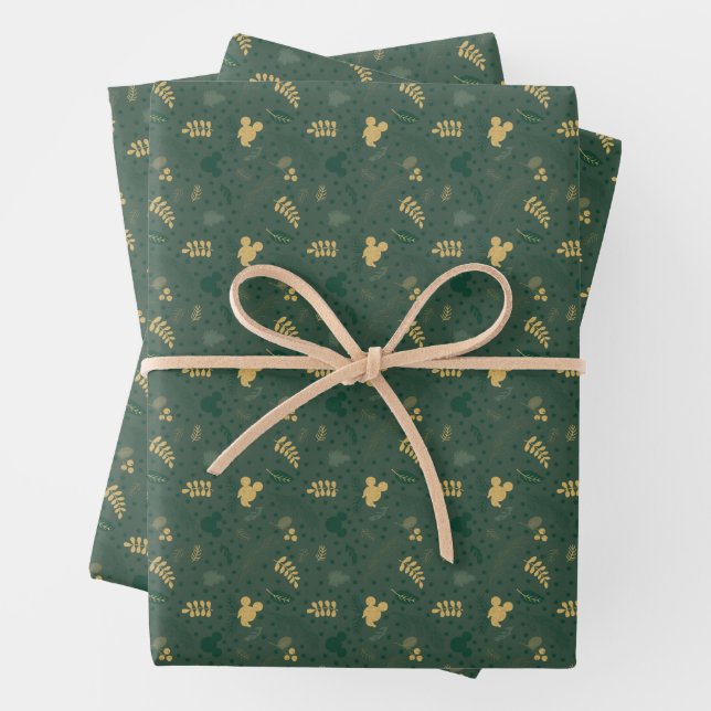 Yuletide Joy | Mickey Green & Gold Holiday Pattern Wrapping Paper Sheet (In situ)