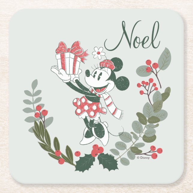 Yuletide Joy | Minnie Noel Square Paper Coaster (Front)
