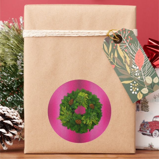 Yuletide Pine Wreath on Pink Christmas Classic Round Sticker (Holiday)