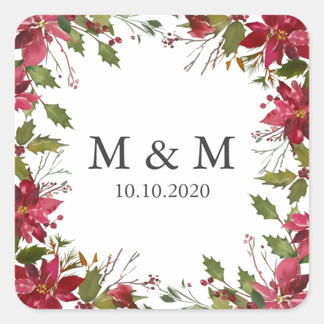 Yuletide |  Poinsettia Wedding  Monogram Square Sticker (Front)