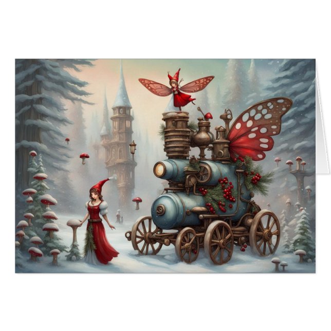 Yuletide Steampunk Moteur Grey Carte de vacances (Devant horizontal)