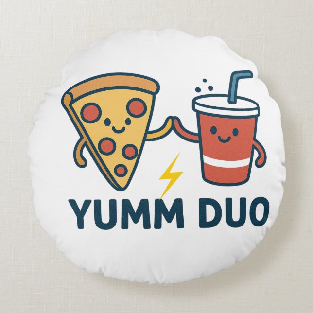 Yumm Duo Pizza and Soda Cute Cartoon Round Pillow (Front)