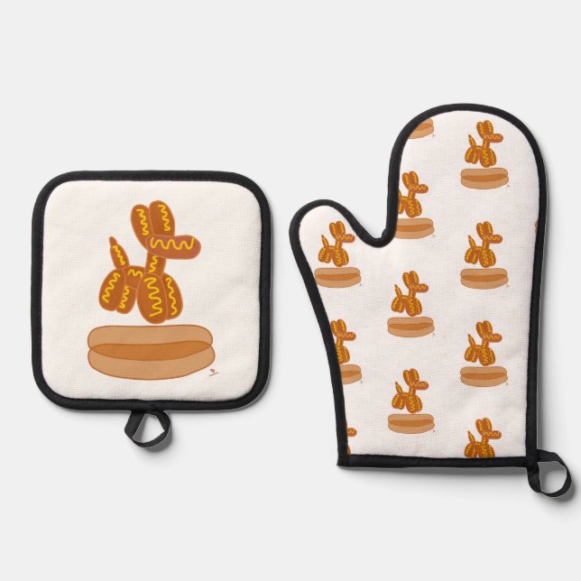 Yummy Balloon Hot Dog Funny Cartoon  Oven Mitt & Pot Holder Set (Front)