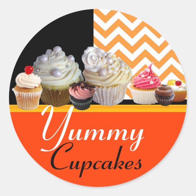 YUMMY BIRTHDAY CUPCAKES / ORANGE WHITE CHEVRON CLASSIC ROUND STICKER (Front)