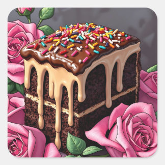 Yummy Chocolate Birthday Cake with Sprinkles Square Sticker