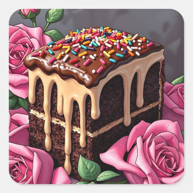 Yummy Chocolate Birthday Cake with Sprinkles Square Sticker (Front)