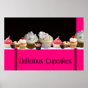 YUMMY CUPCAKES DESERT SHOP/ PINK BLACK WHITE POSTER