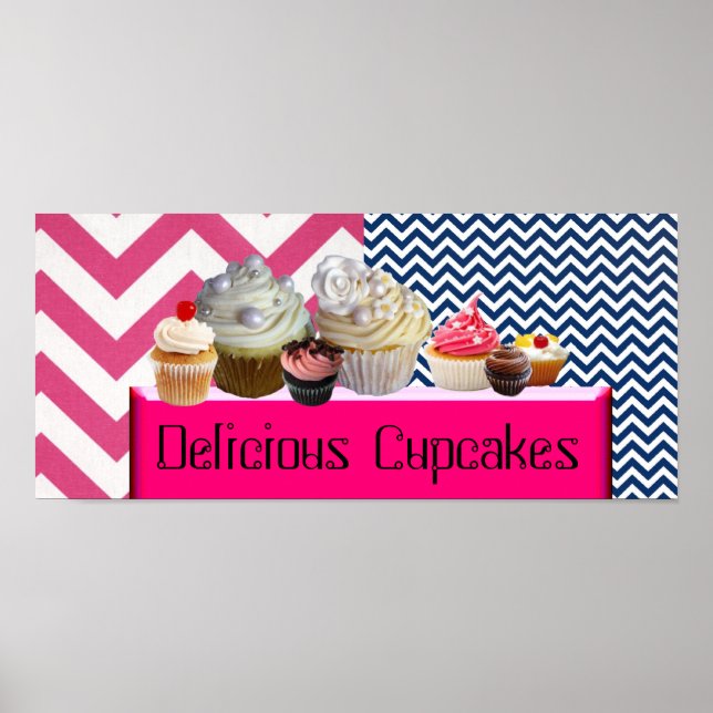 YUMMY CUPCAKES DESERT SHOP/PINK BLUE WHITE CHEVRON POSTER (Front)