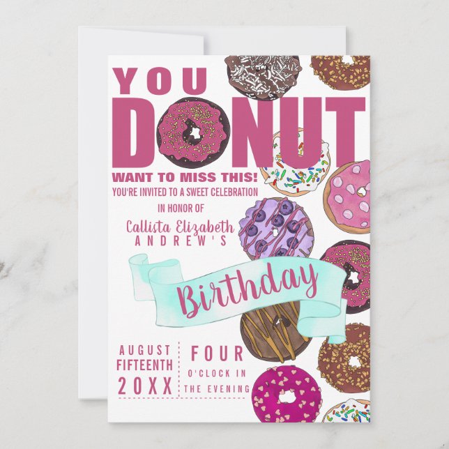 Yummy Cute Pink Teal Doughnuts Watercolor Birthday Invitation (Front)