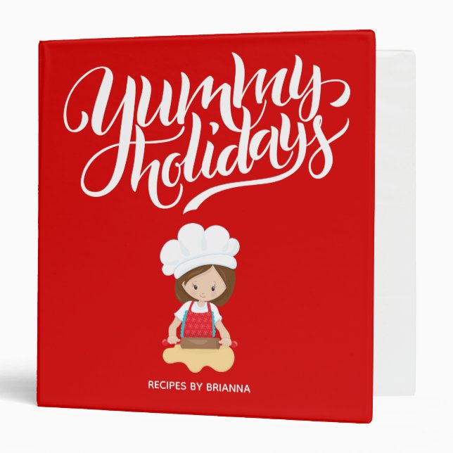 Yummy Holidays Brunette Girl Cooking Custom Text Binder (Front/Inside)