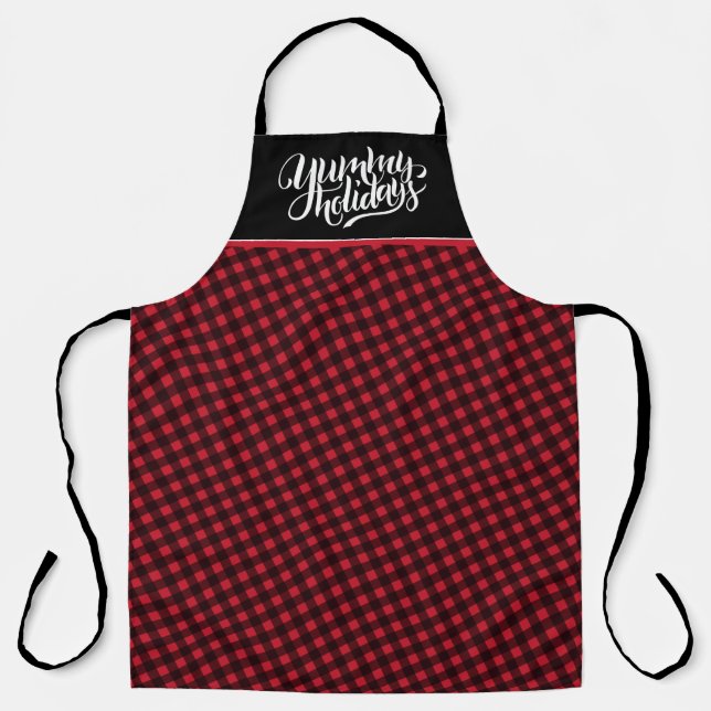 Yummy Holidays Tartan Black Red Plaid Typography A Apron (Front)