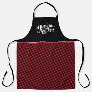 Yummy Holidays Tartan Black Red Plaid Typography Apron