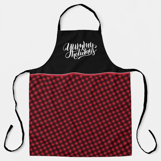 Yummy Holidays Tartan Black Red Plaid Typography Apron (Front)