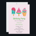Yummy Ice Cream Trio Summer Vibe Birthday Invitation<br><div class="desc">A birthday invitation with an illustration of 3 different ice cream treats. A blue-green popsicle with strawberry drippings and colourful sprinkles. A watermelon popsicle. A cone with layers of delicious ice cream in pink and mint. All with cute kawaii smiles.</div>