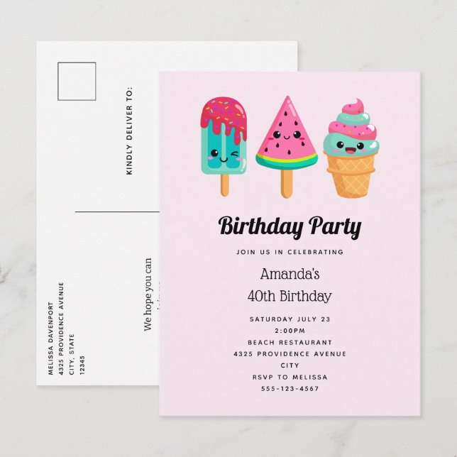 Yummy Ice Cream Trio Summer Vibe Birthday Invitation Postcard (Front/Back)