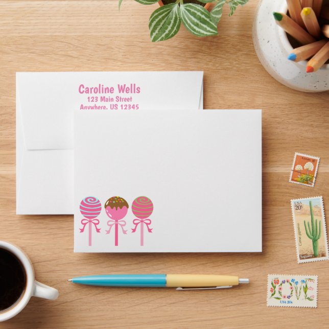 Yummy Pink Cake Pops Personalized Envelopes (Desk)