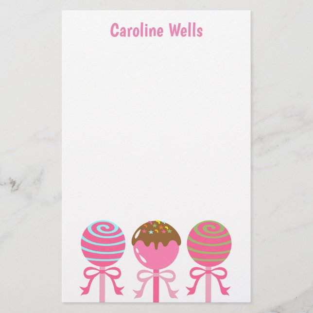 Yummy Pink Cake Pops Personalized Stationery (Front)