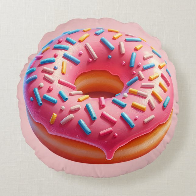 Yummy Pink Doughnut with Sprinkles Stickers Round Pillow (Front)