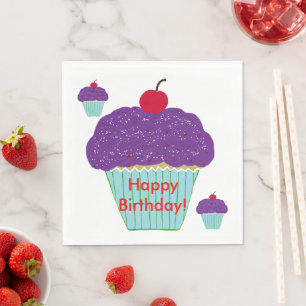 Yummy Purple Frosting Cherry Cupcakes Birthday Napkin