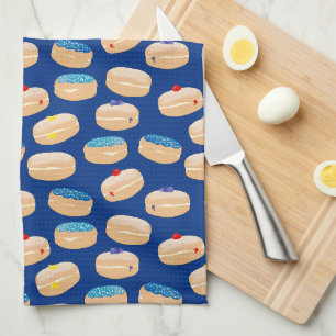 Yummy Sufganiyot Jelly Doughnuts Hanukkah Pattern Kitchen Towel