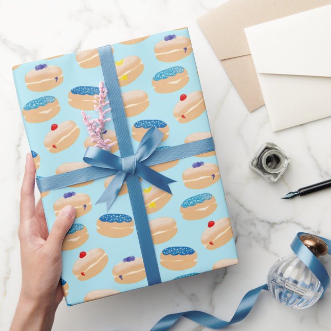 Yummy Sufganiyot Jelly Doughnuts Hanukkah Pattern Wrapping Paper (Gifting)