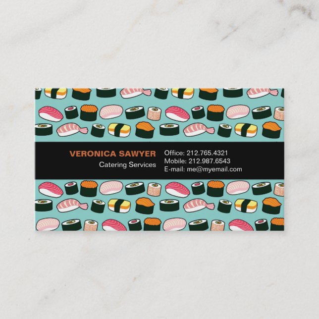 Yummy Sushi Fun Illustrated Pattern Business Card (Front)