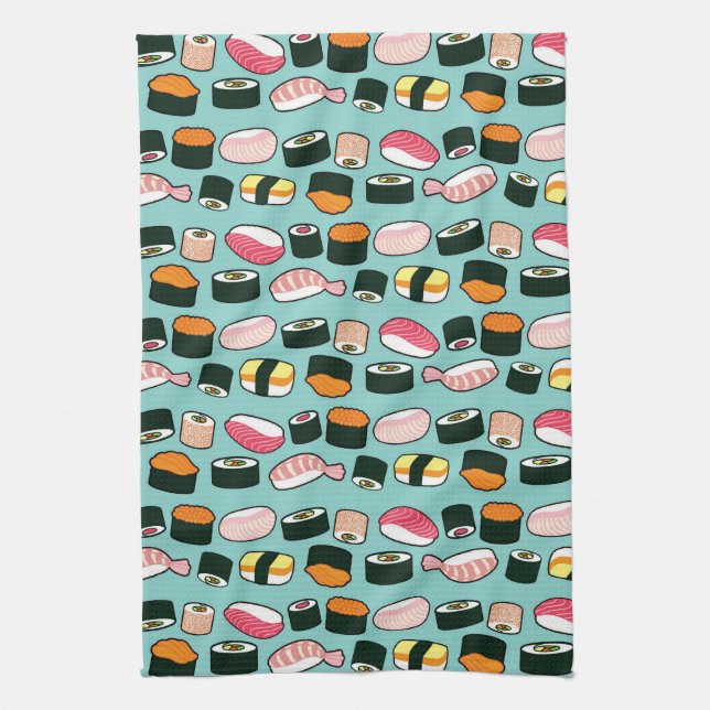 Yummy Sushi Fun Illustrated Pattern Kitchen Towel (Vertical)