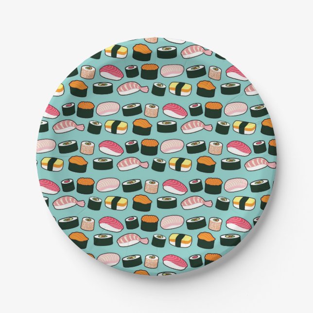 Yummy Sushi Party Fun Illustrated Pattern Paper Plate (Front)
