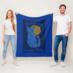 Z Blue Cat And The Moon Cat Lover Personalized Fleece Blanket