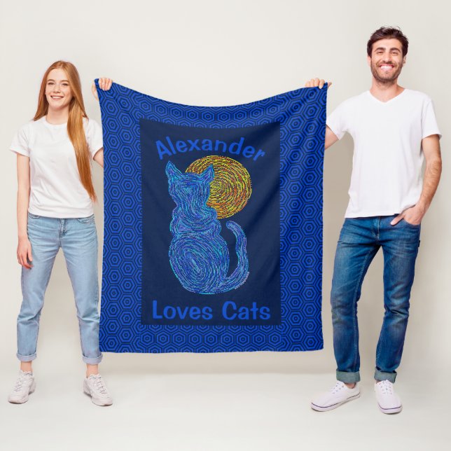 Z Blue Cat And The Moon Cat Lover Personalized Fleece Blanket (In Situ)