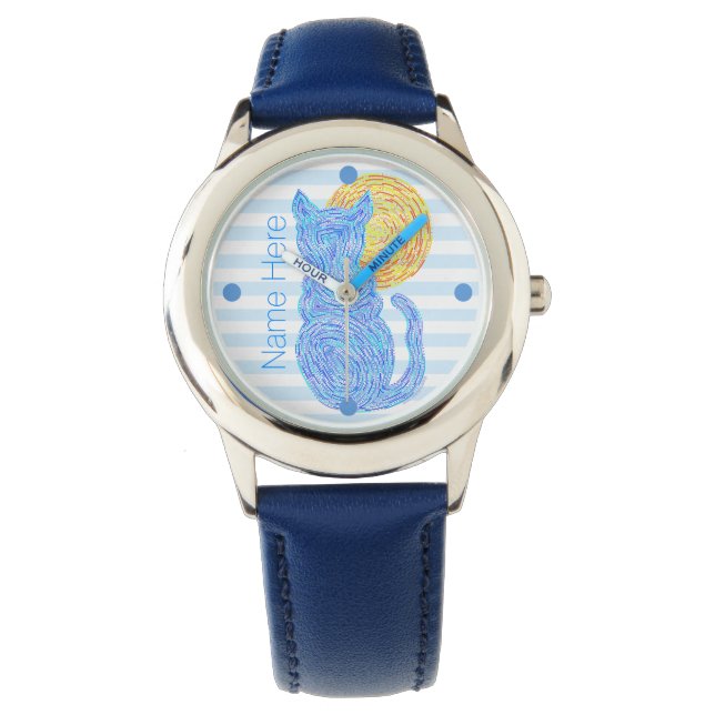 Z Blue Cat And The Moon Cat Lover Personalized Watch (Front)