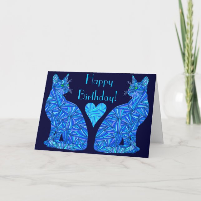 Z Electric Blue Abstract Cat Art Happy Birthday Card (Front)
