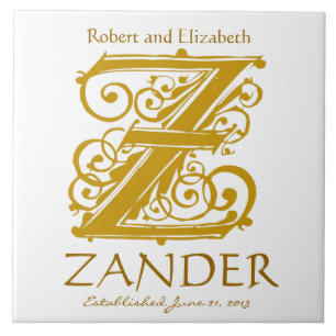 Z Gold Monogram on White - Names Wedding Date Tile