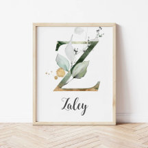 Z Letter Monogram Greenery Nursery Name Wall Print