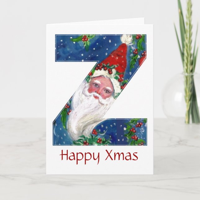 Z LETTER / SANTA CLAUS WITH RED RIBBON MONOGRAM HOLIDAY CARD (Front)