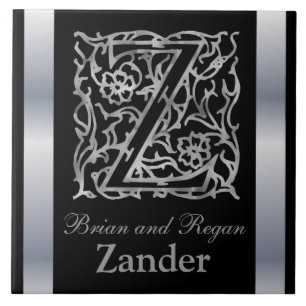 Z Monogram and Name "Besque on Black" Ceramic Tile