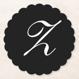 Z Monogram Initial White on Black Paper Coaster