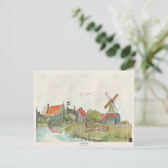 Zaanse Schans Zaandam Netherlands Watercolor Postcard (Standing Front)
