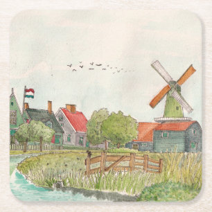Zaanse Schans Zaandam Netherlands Watercolor Poste Square Paper Coaster