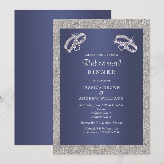 Zaffre, Sparkly Silver Rings Rehearsal Dinner Invitation (Front/Back)