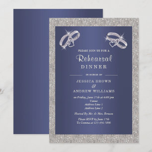 Zaffre, Sparkly Silver Rings Rehearsal Dinner Invitation
