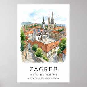 Zagreb City Watercolor Print, Cathedral Spires Poster